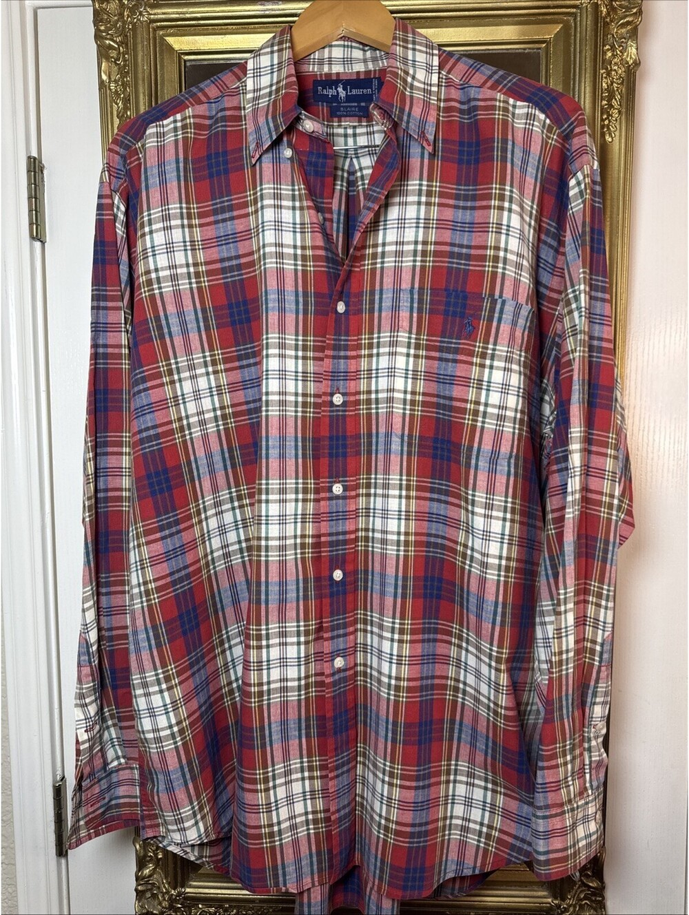 Vintage Ralph Lauren Blaire Large Shirt 100% Cotton Plaid Button-Down 90s Preppy